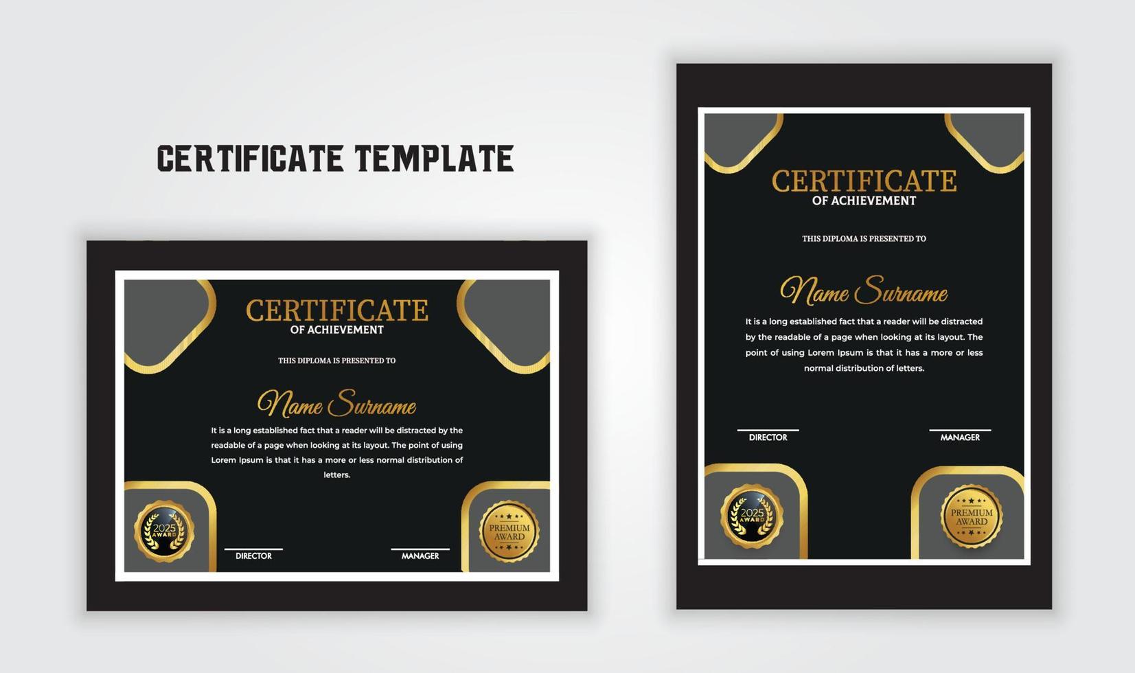 Abstract certificate of achievement template with golden badge. vector