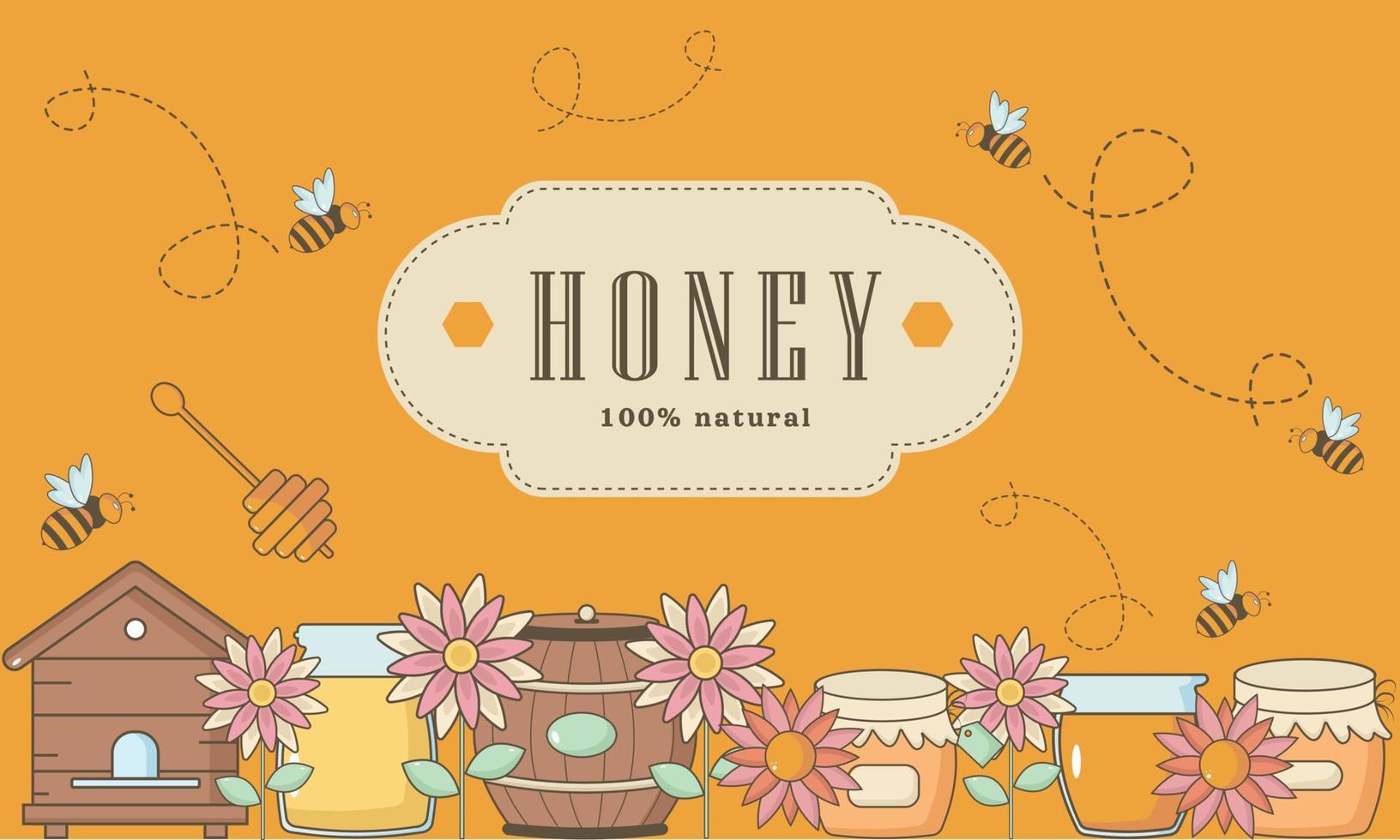 pancarta de miel, afiche, fondo con abejas, barril, tarro, flores vector