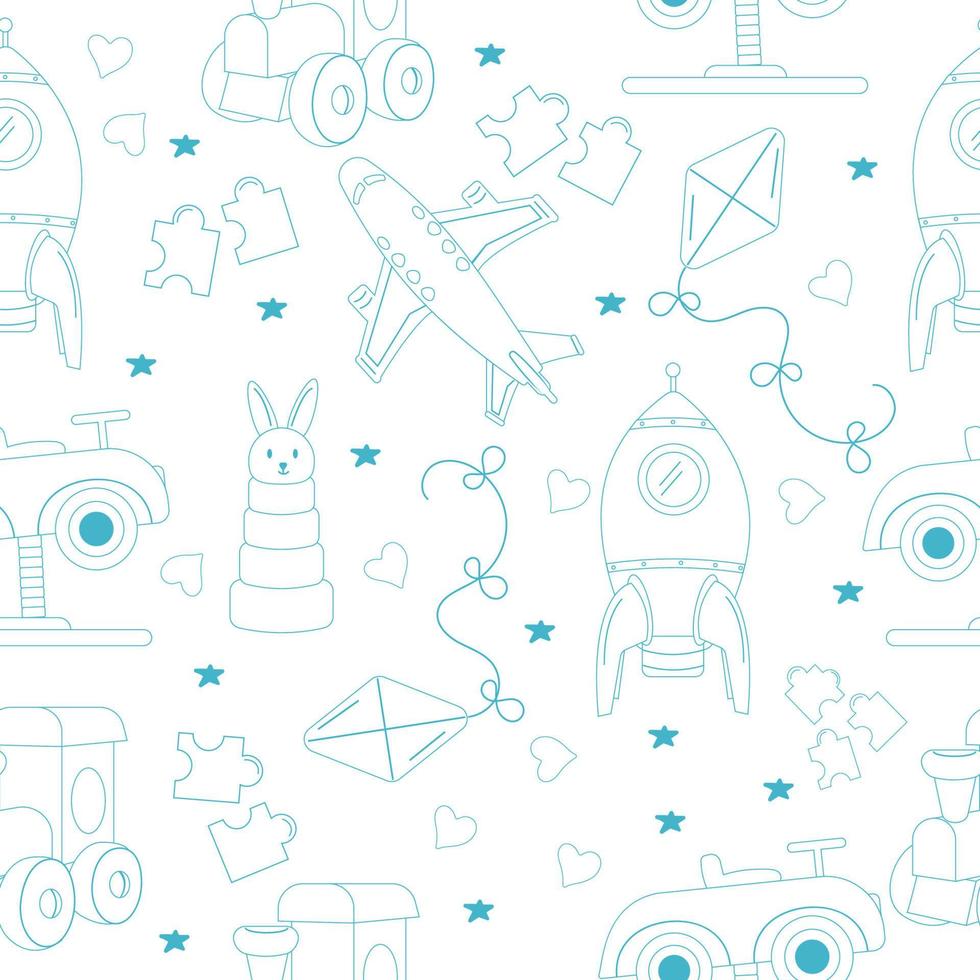 Pattern of children's toys in style outline blue color. Vector