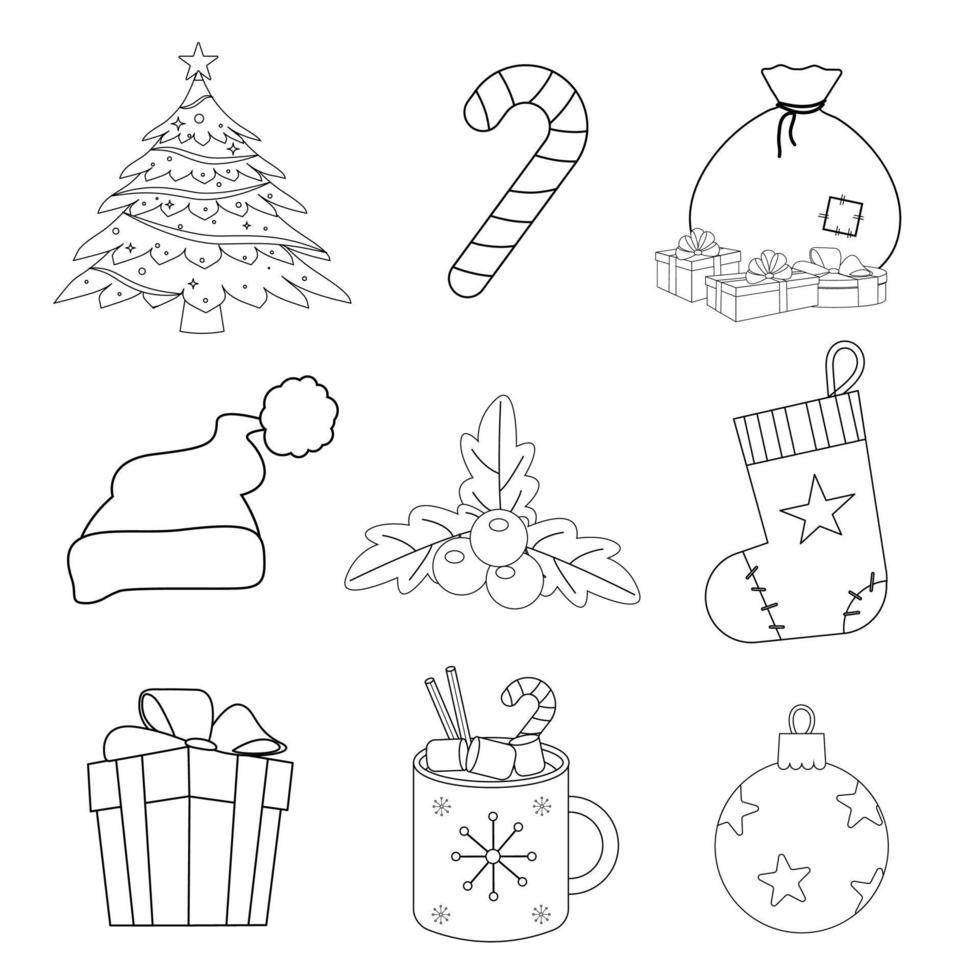 colección de contorno de elementos navideños planos. ilustración vectorial vector