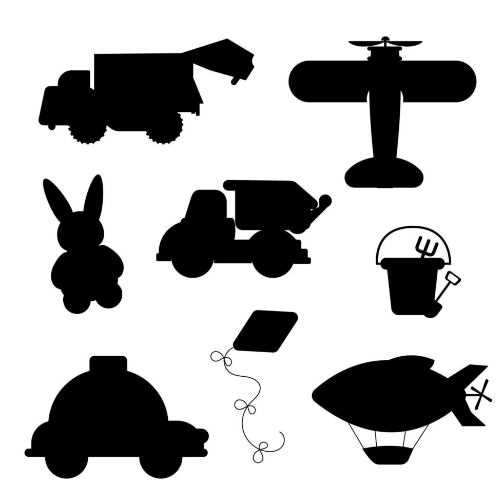 una colección de silueta de juguetes para niños. coche, avión, liebre, cometa, cubo de pala vector