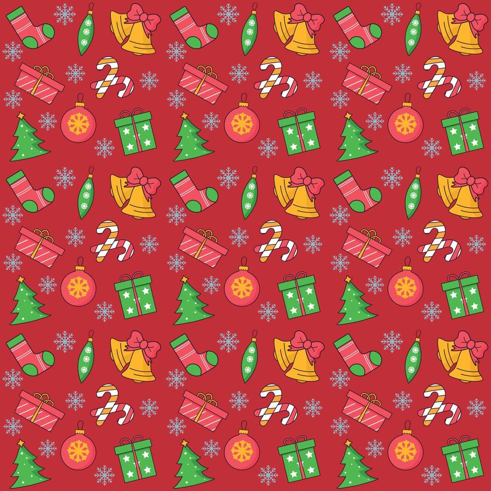 Pattern Christmas seamless on red background. Bell, gift, toy, Christmas tree. vector