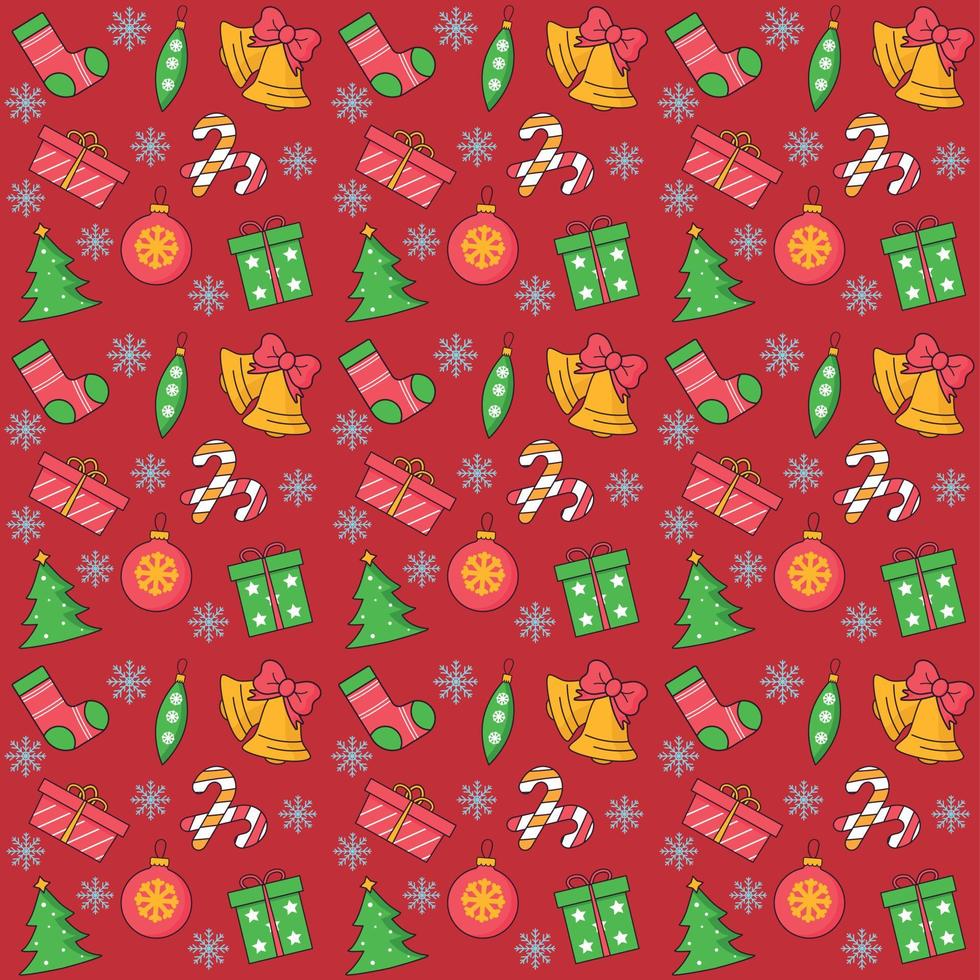 Pattern Christmas seamless on red background. Bell, gift, toy, Christmas tree. vector