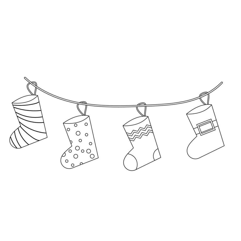 Christmas sock set for gifts on a string in line style. Vector illustration