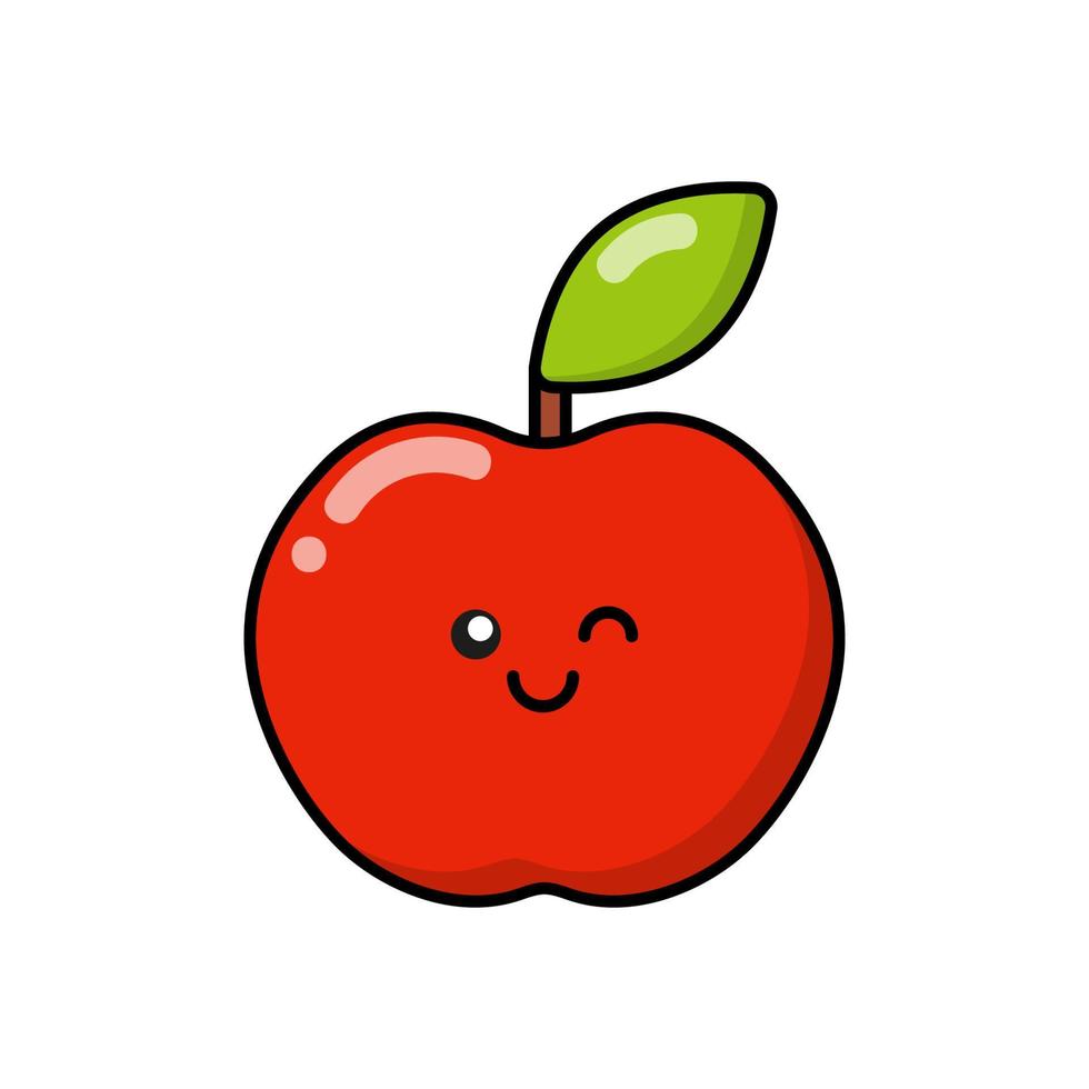 Apple fruit icon for patches, badges, stickers, logos. Cute funny cartoon character icon in asian japanese kawaii style, flat illustration. Vector healthy food symbol doodle.