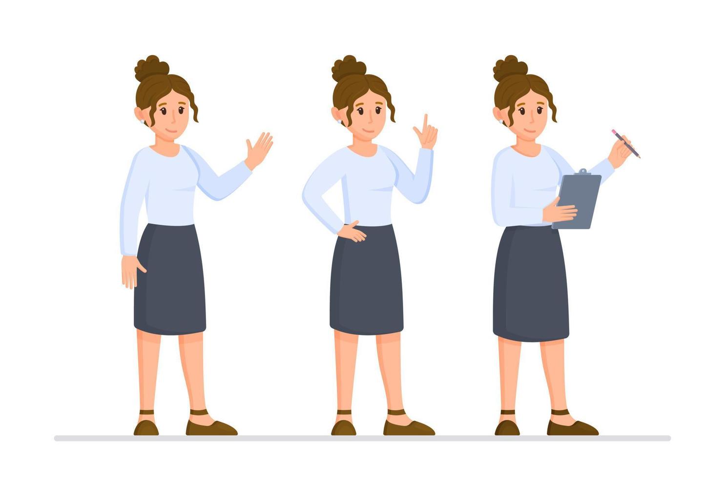 Vector illustration of a set of business women. Woman in work uniform on white background. Work in the office.