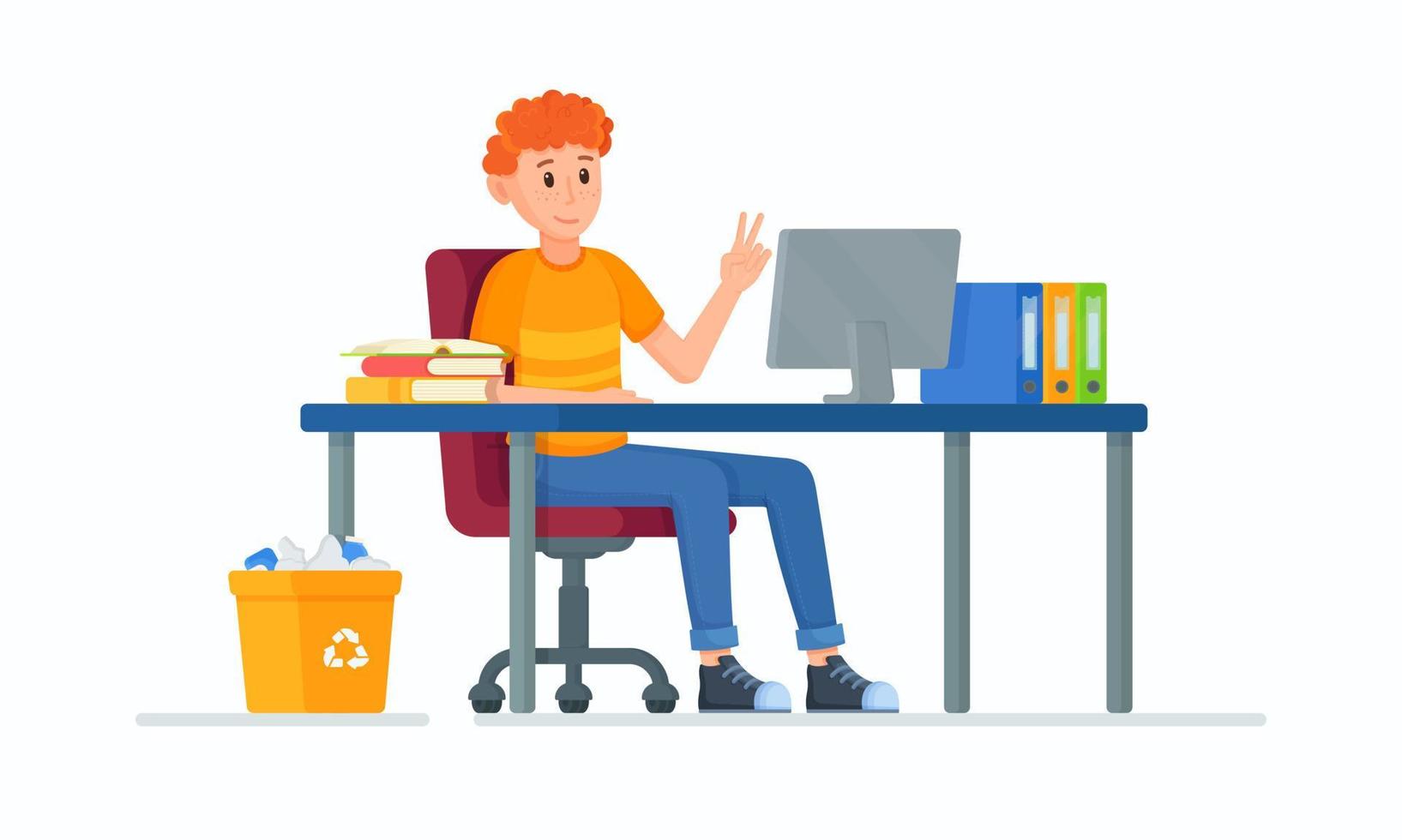Vector illustration of a student sitting at his desk for a class.