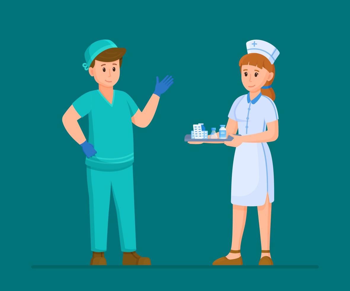 Vector illustration of surgeon and nurse. Medical team isolated on blue background.