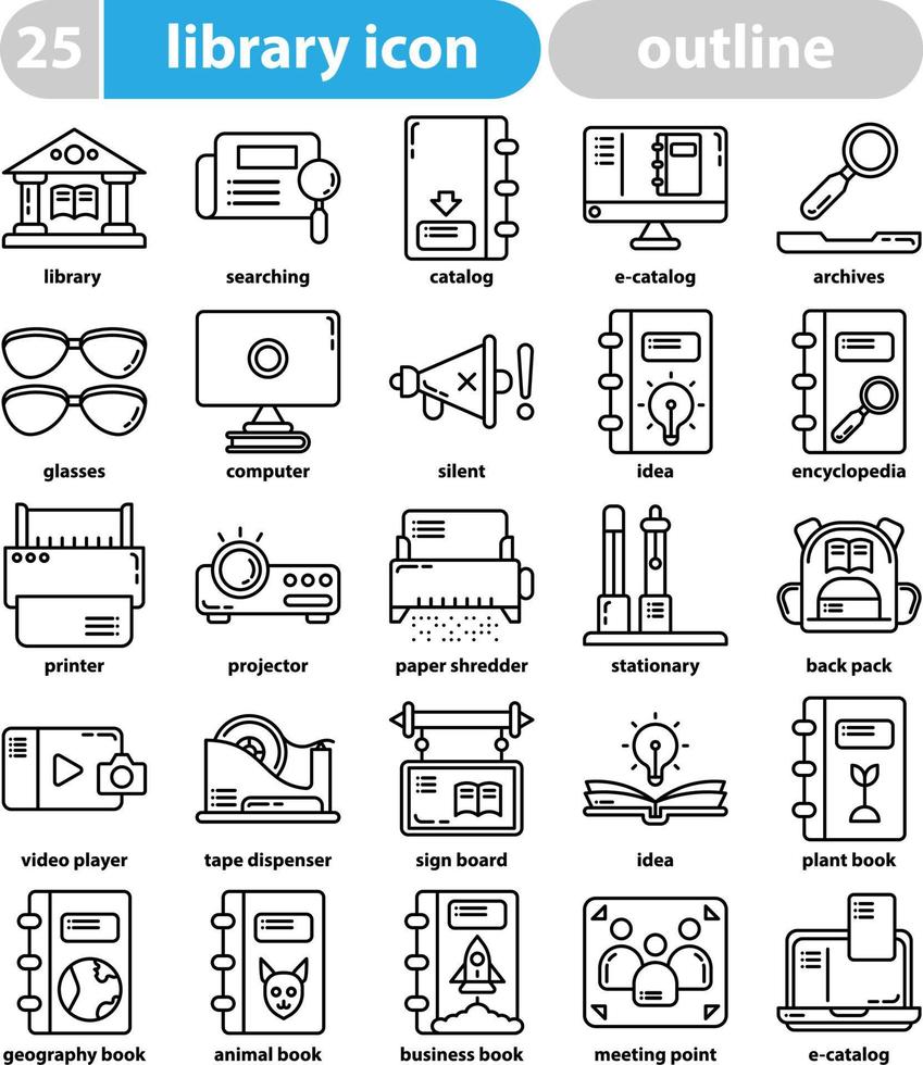 conjunto de iconos de biblioteca. iconos temáticos de la biblioteca y la escuela. vector