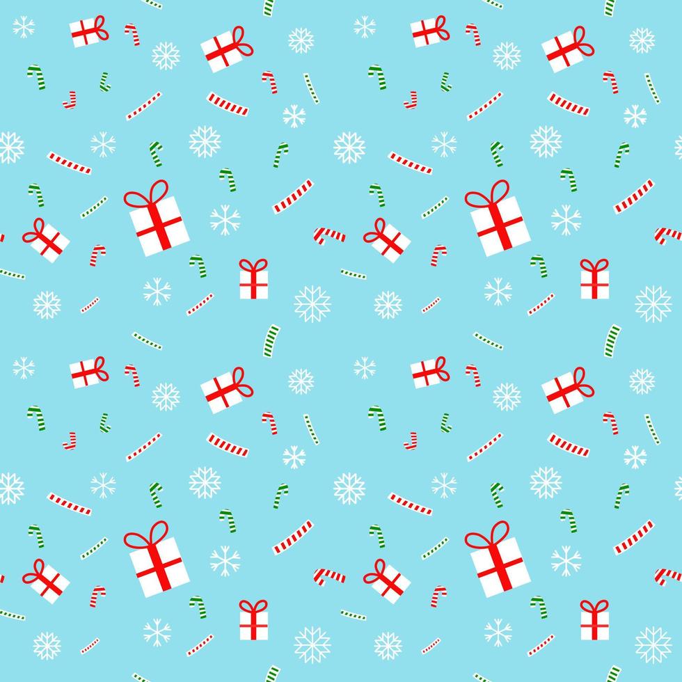 Pattern of Christmas gift, candy and snowflake on blue background. vector