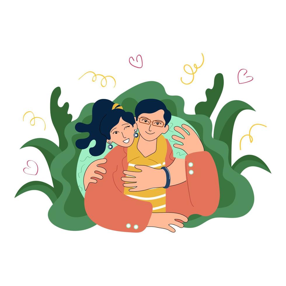 Happy young asian family hugging. Joyful girl with ponytail winking and hugging a guy in glasses. Woman and man together. Doodle style illustration vector