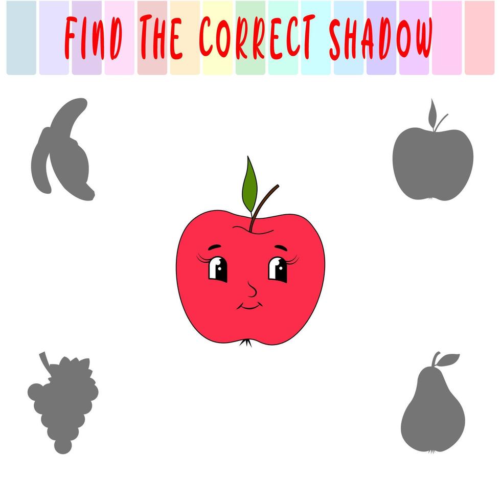 Find the right shadow. Cute cartoon apple. Educational game with fruits. Logic games for children with an answer. A training card with a task for preschool and kindergarten children vector