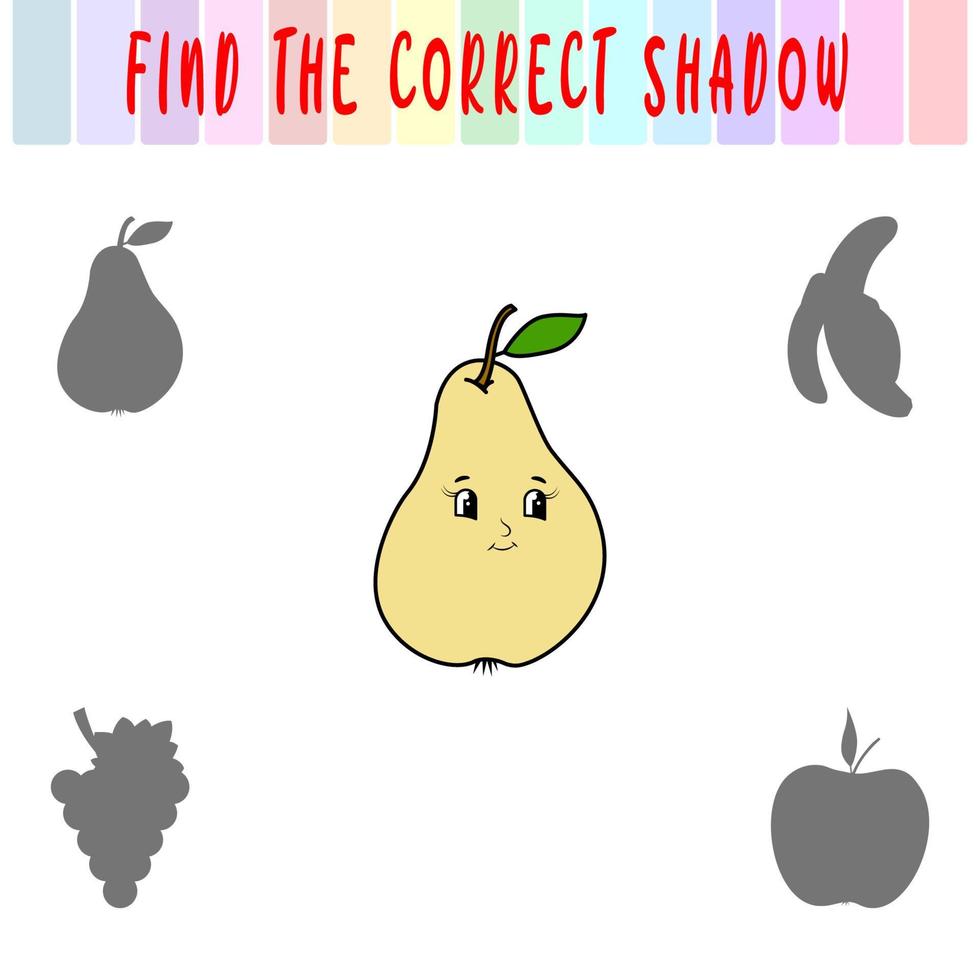 Find the right shadow. Cute cartoon pear. Educational game with fruits. Logic games for children with an answer. A training card with a task for preschool and kindergarten children vector