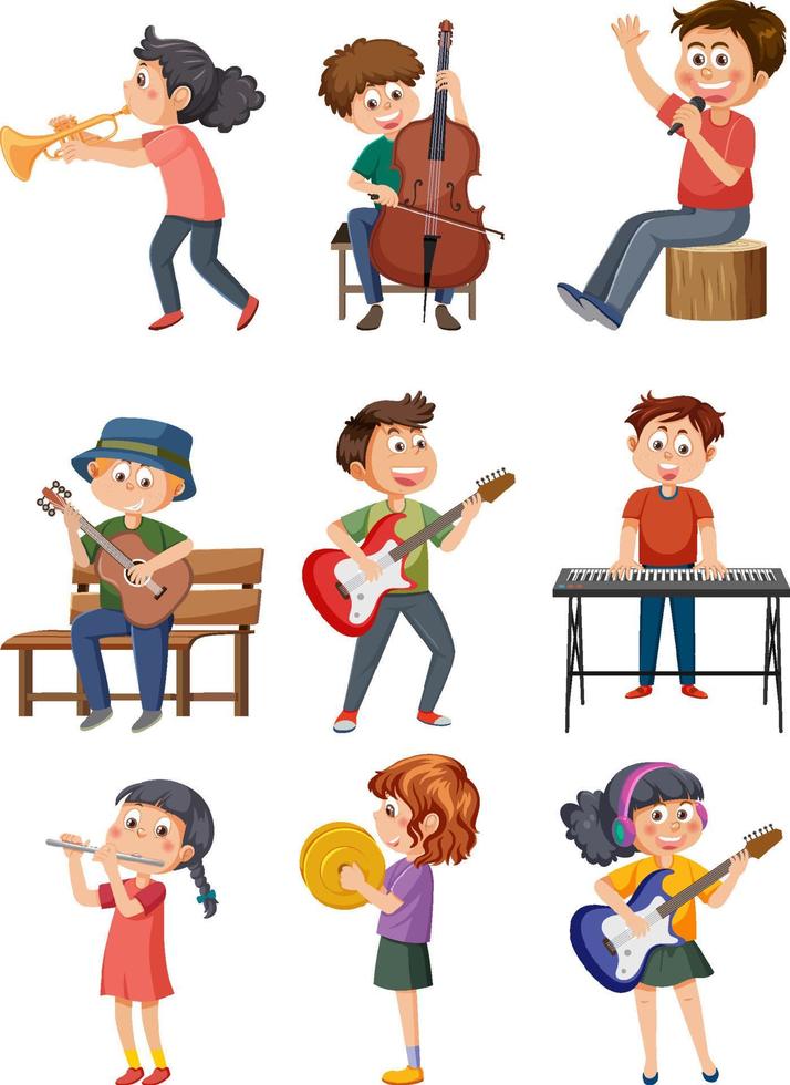 conjunto de diferentes niños tocando música vector