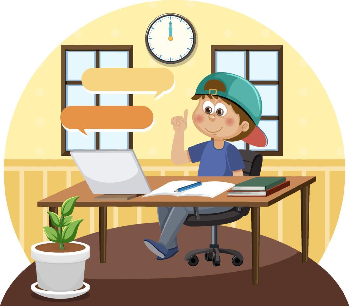 A boy doing homework on laptop vector