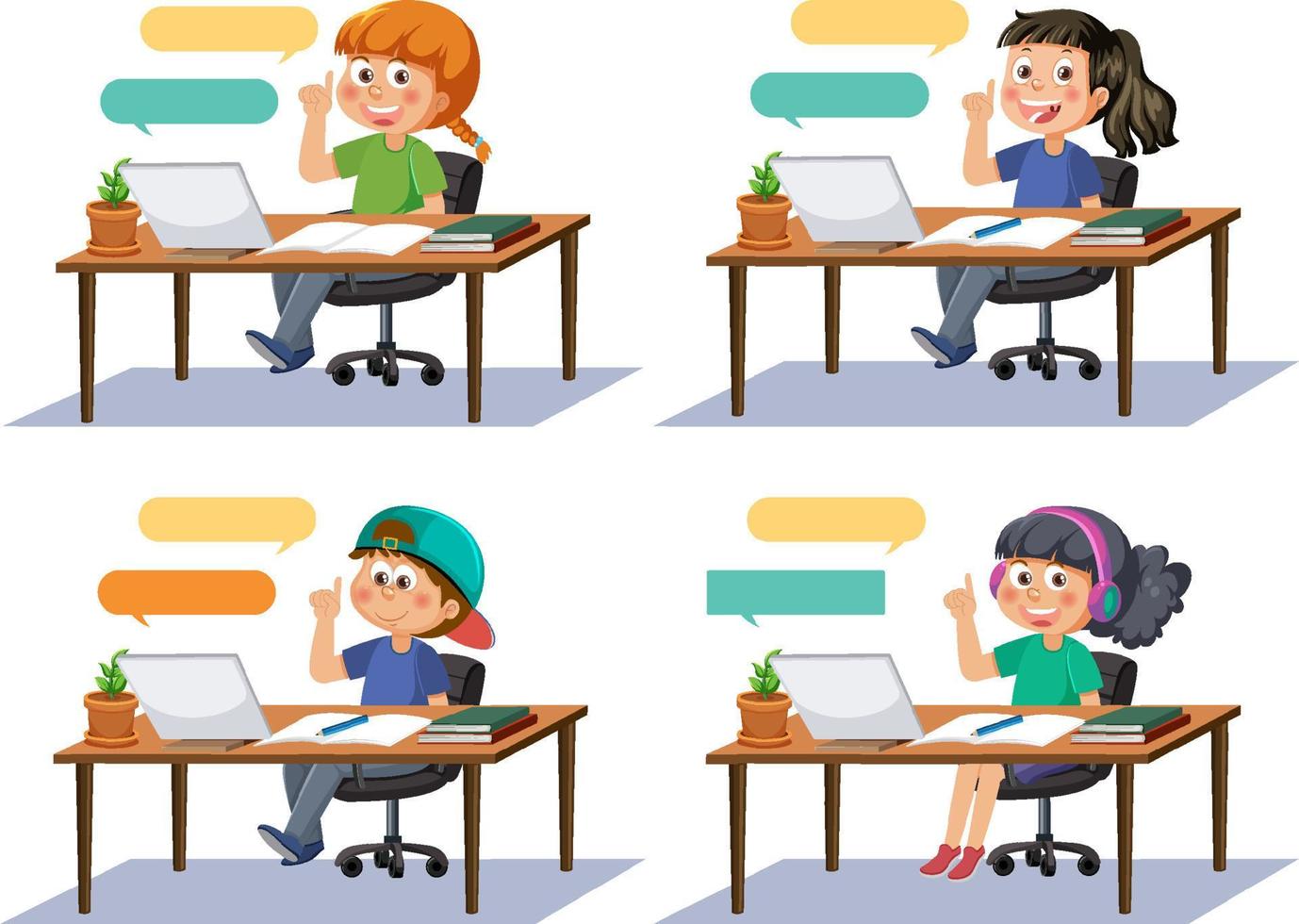 Set of different kids studying on laptop vector