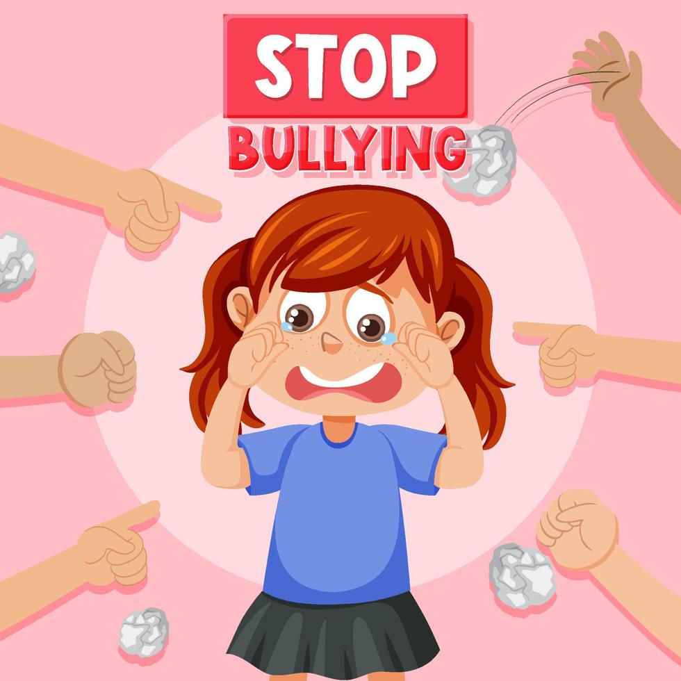 Stop Bullying text with kid surrounded by pointing fingers vector