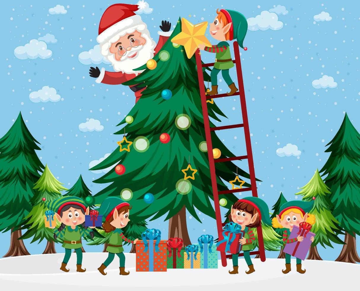 niños disfrazados de duende y santa claus decorando el árbol de navidad vector