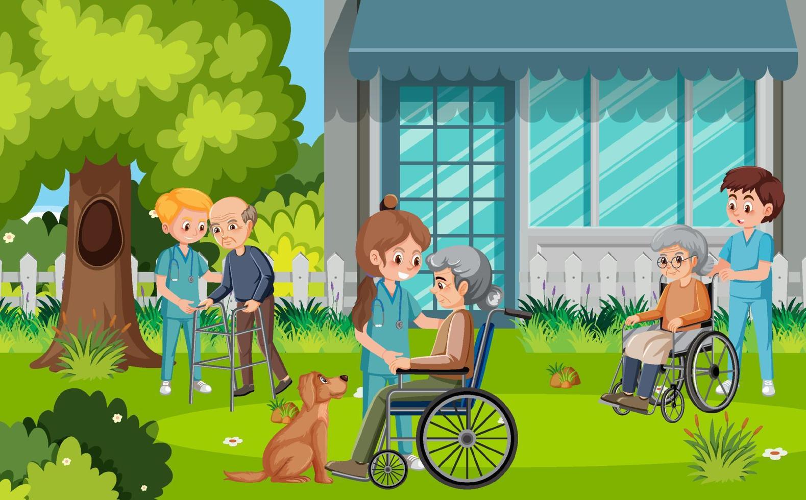 Outdoor park with elderly people and caregivers vector