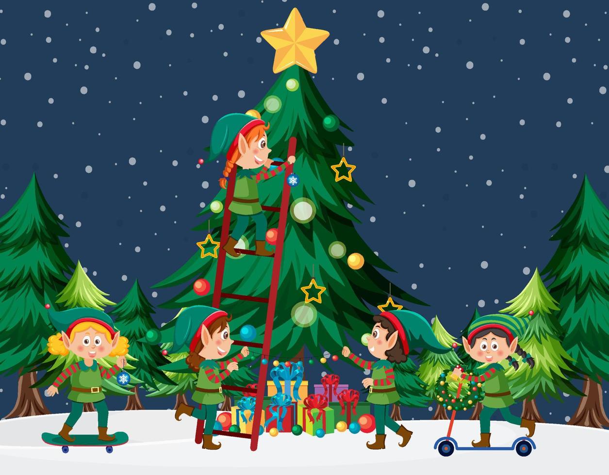 Children in elf costume decorating Christmas tree vector