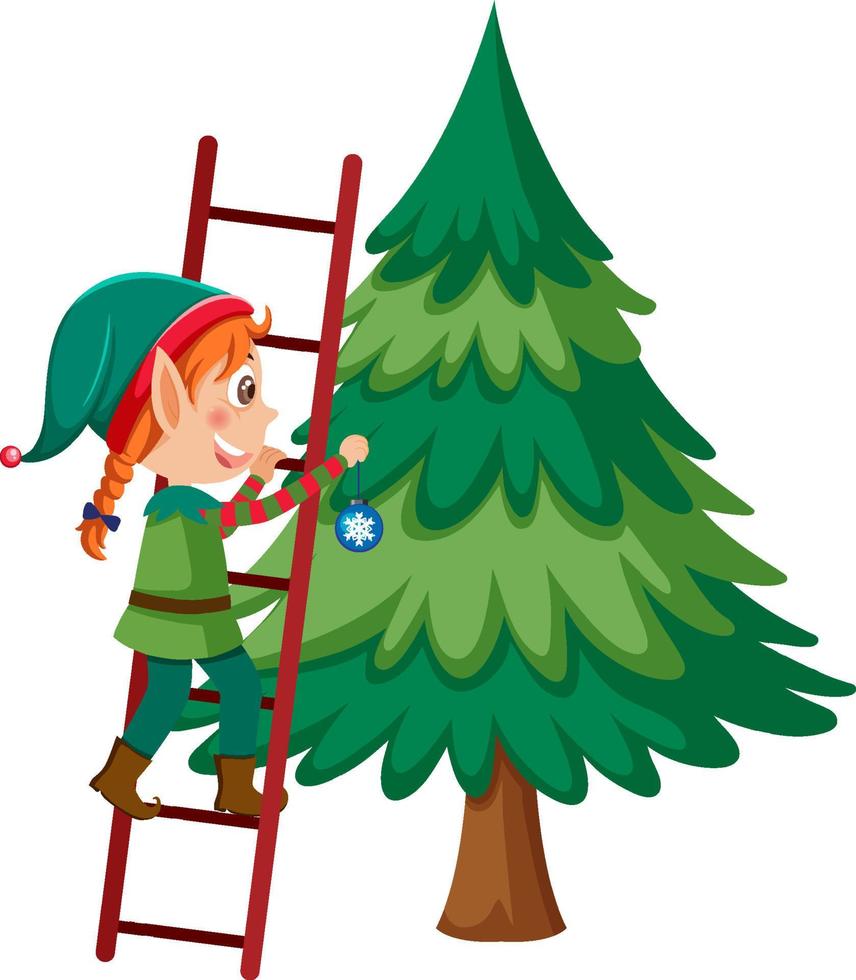 niña elfa decorando el árbol de navidad vector