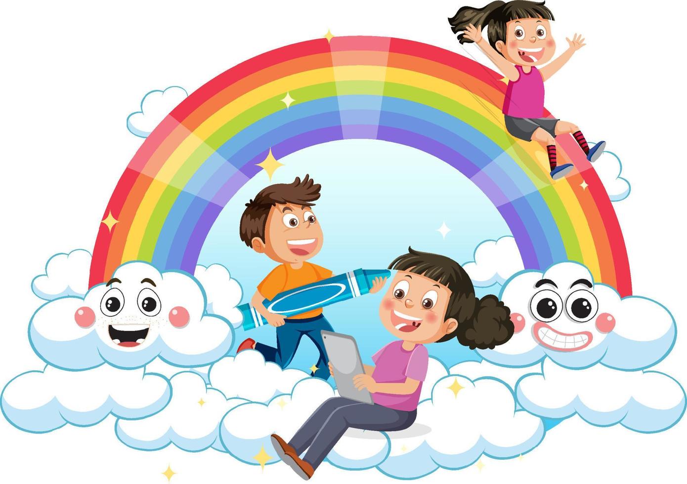 niños felices con arcoiris vector