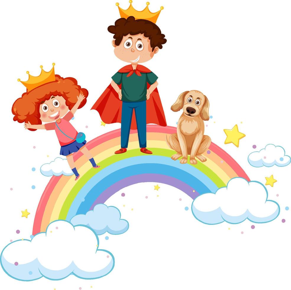 Happy kids on rainbow vector