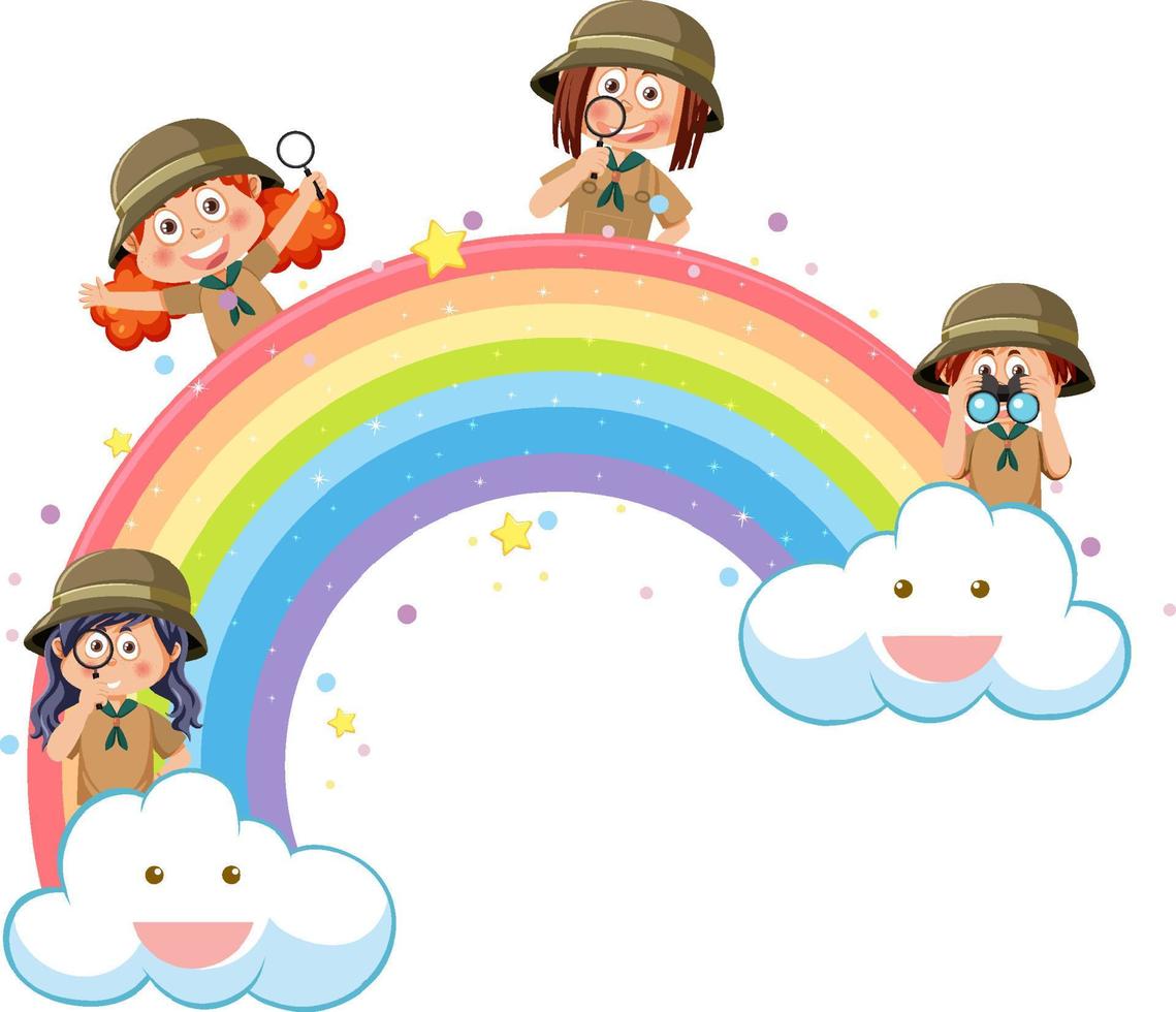 niños felices con arcoiris vector