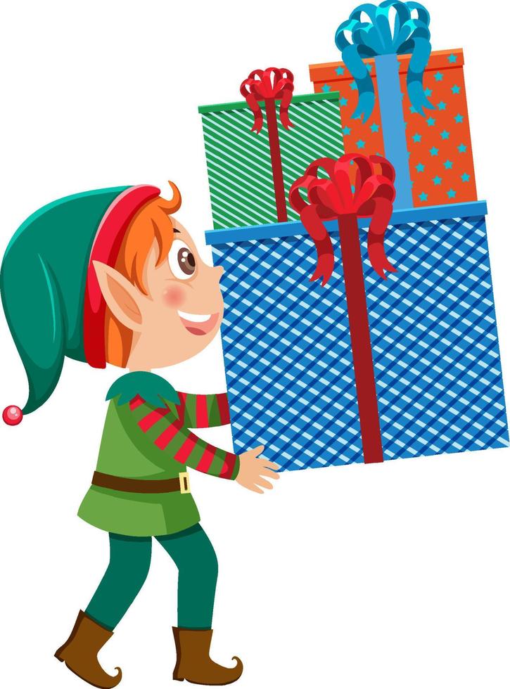 Christmas elf holding gift boxes vector