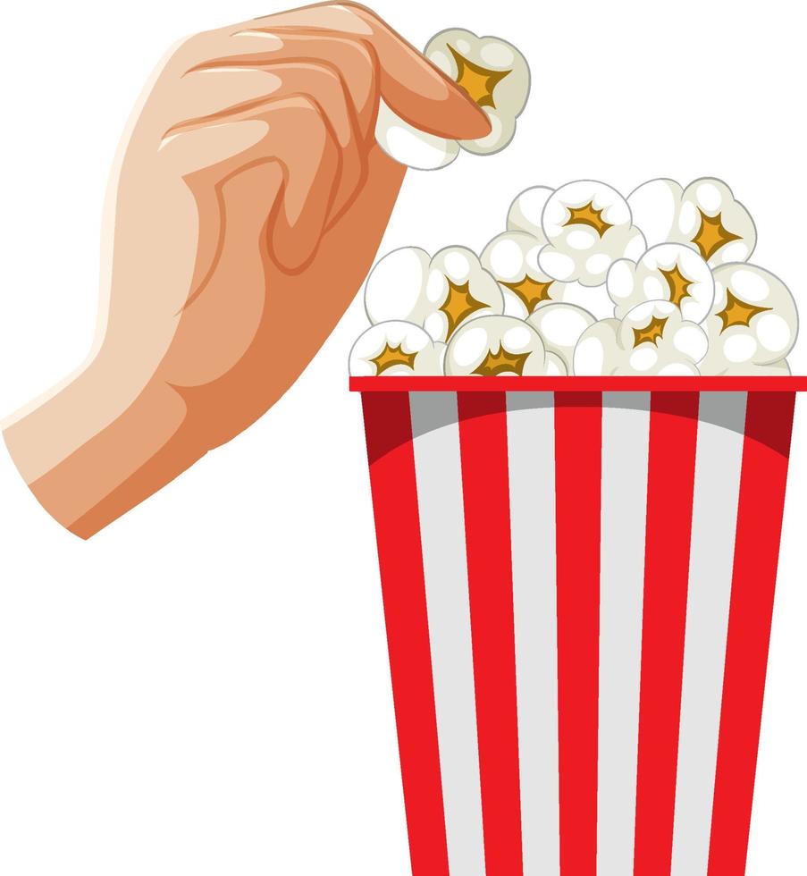 Hand picking popcorn from bucket vector
