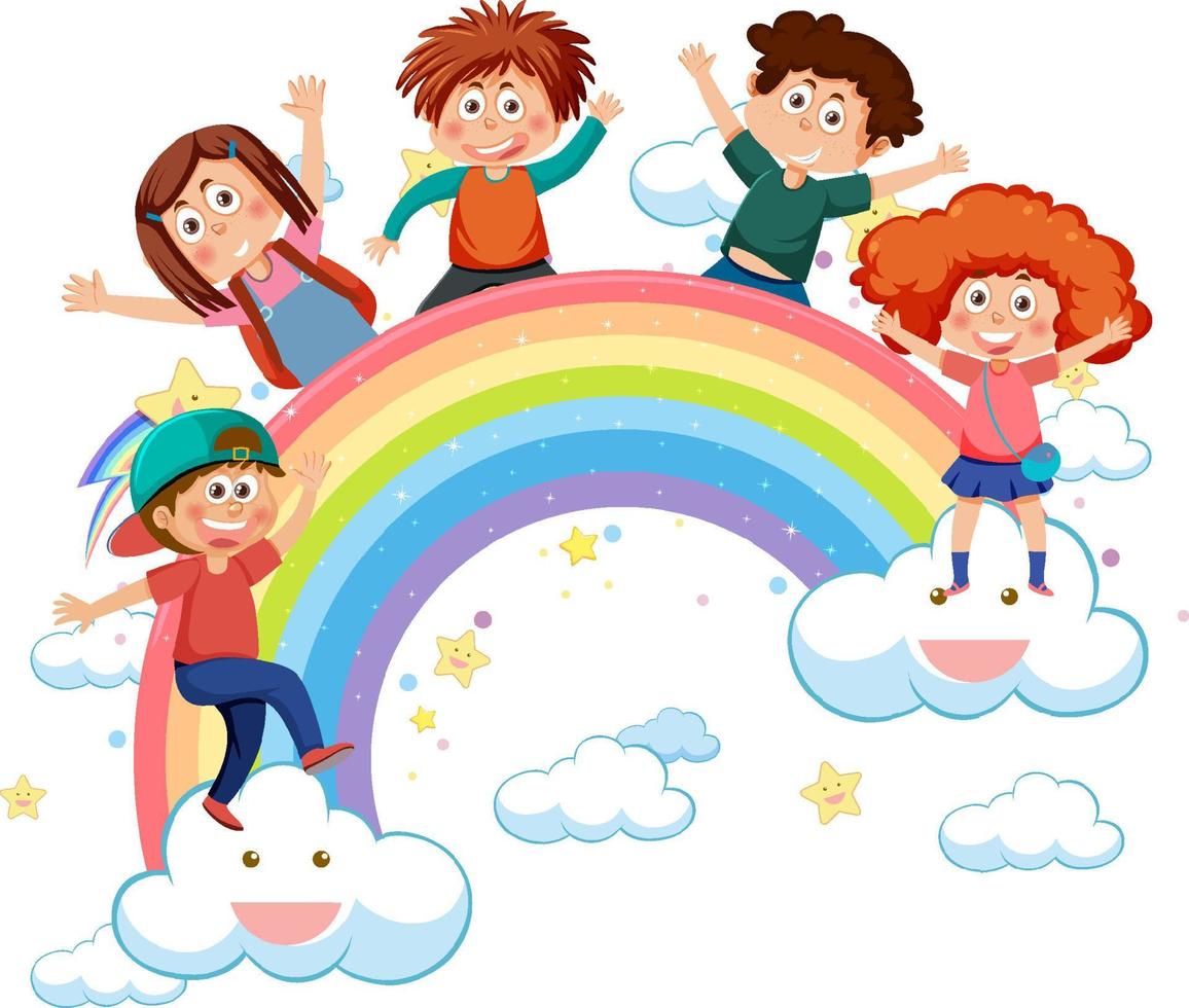 niños felices con arcoiris vector