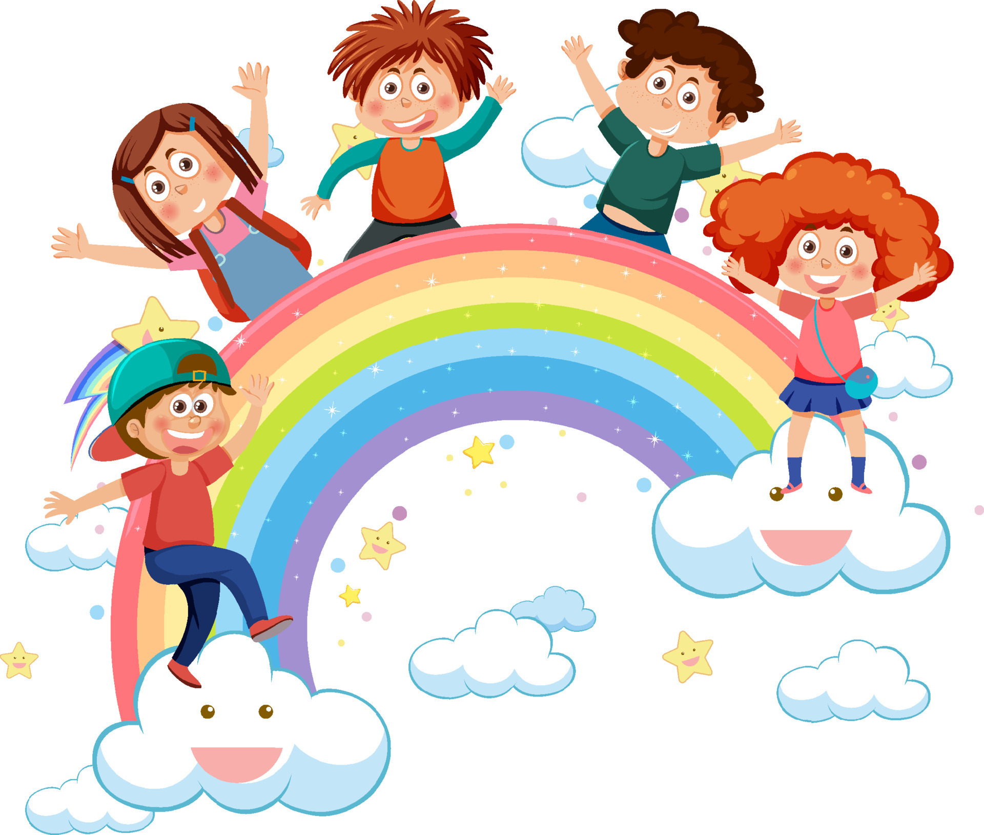 Happy children with rainbow 13321203 Vector Art at Vecteezy