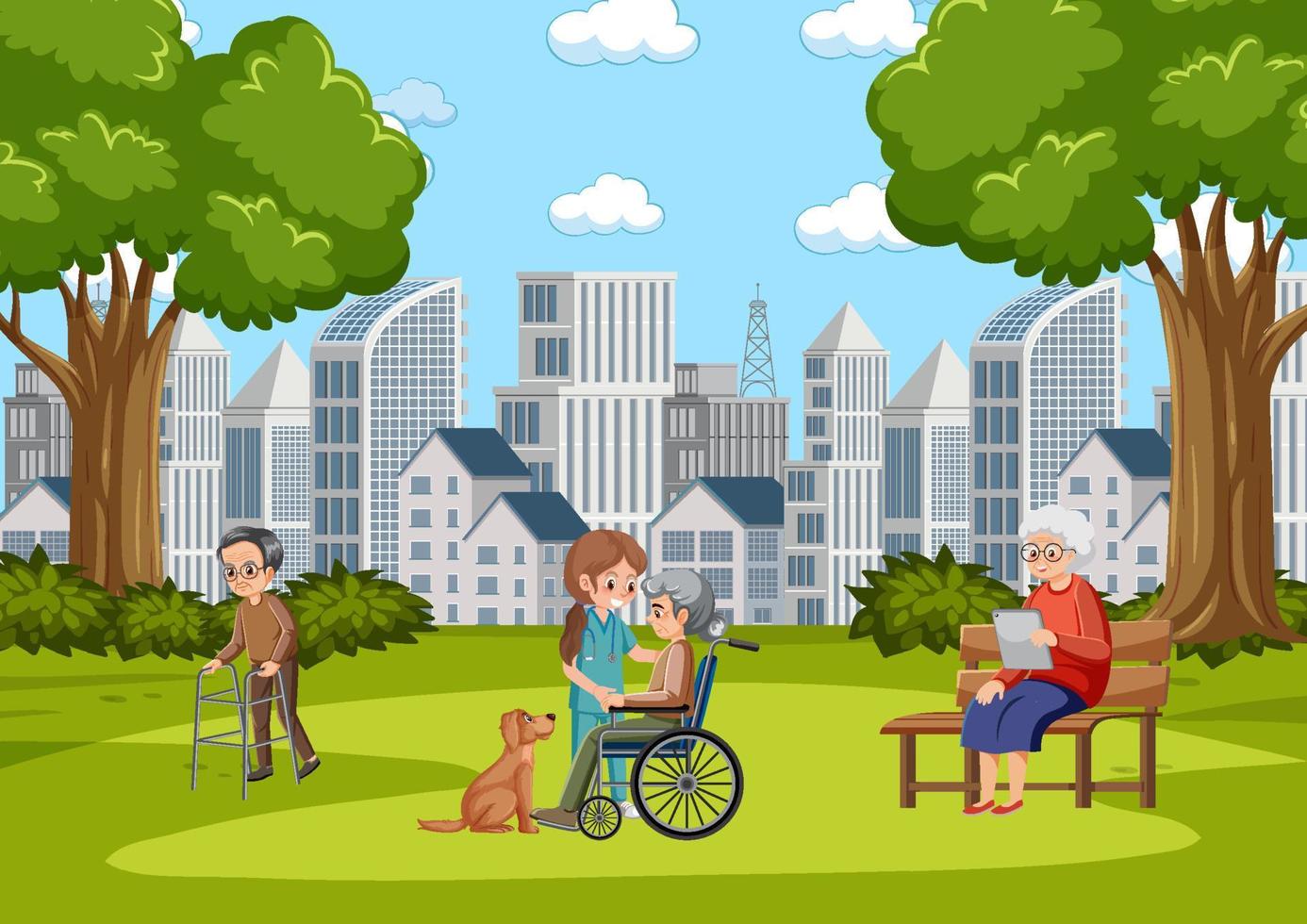 Elderly people with caregiver at park vector
