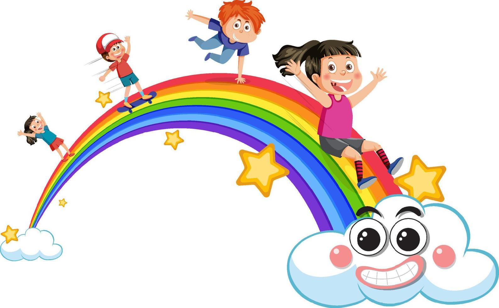 niños felices con arcoiris vector