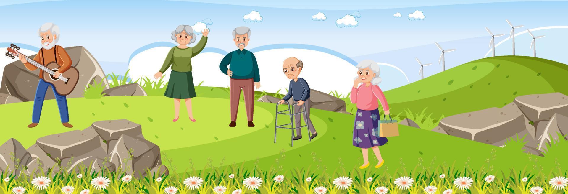 Elderly people doing activity in nature park vector