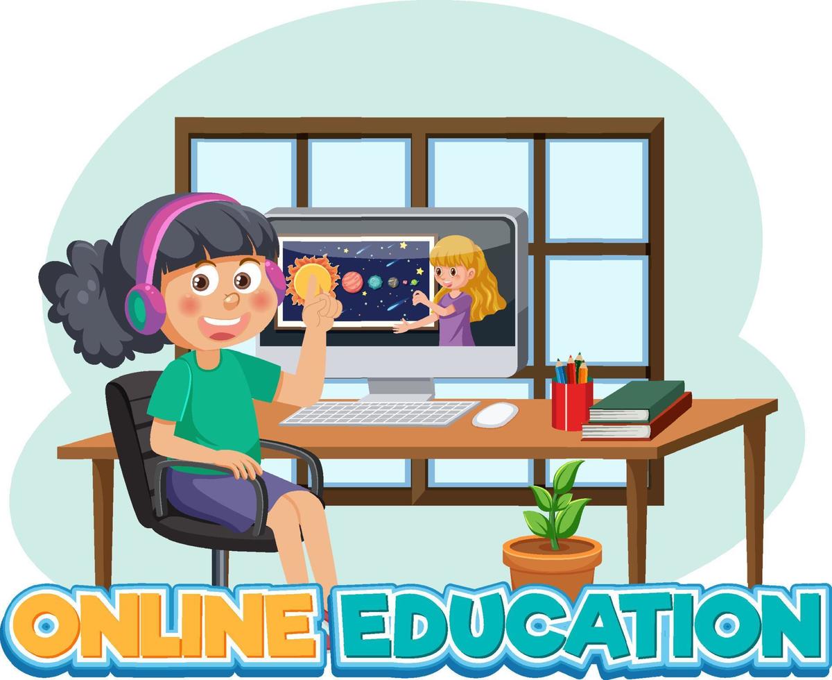 Online education word with cartoon character vector