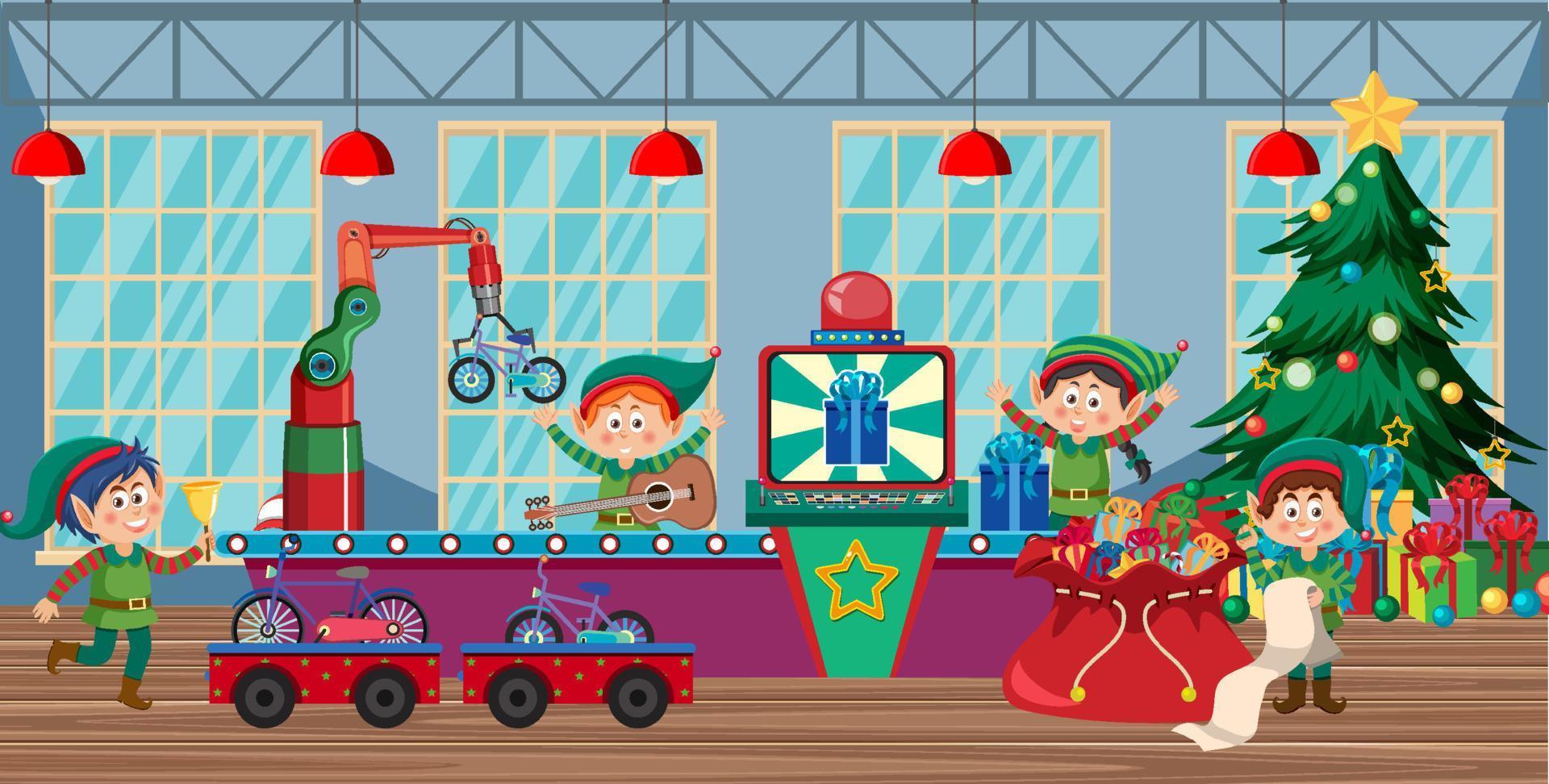 Elf and Santa Claus preparing gift for Christmas vector