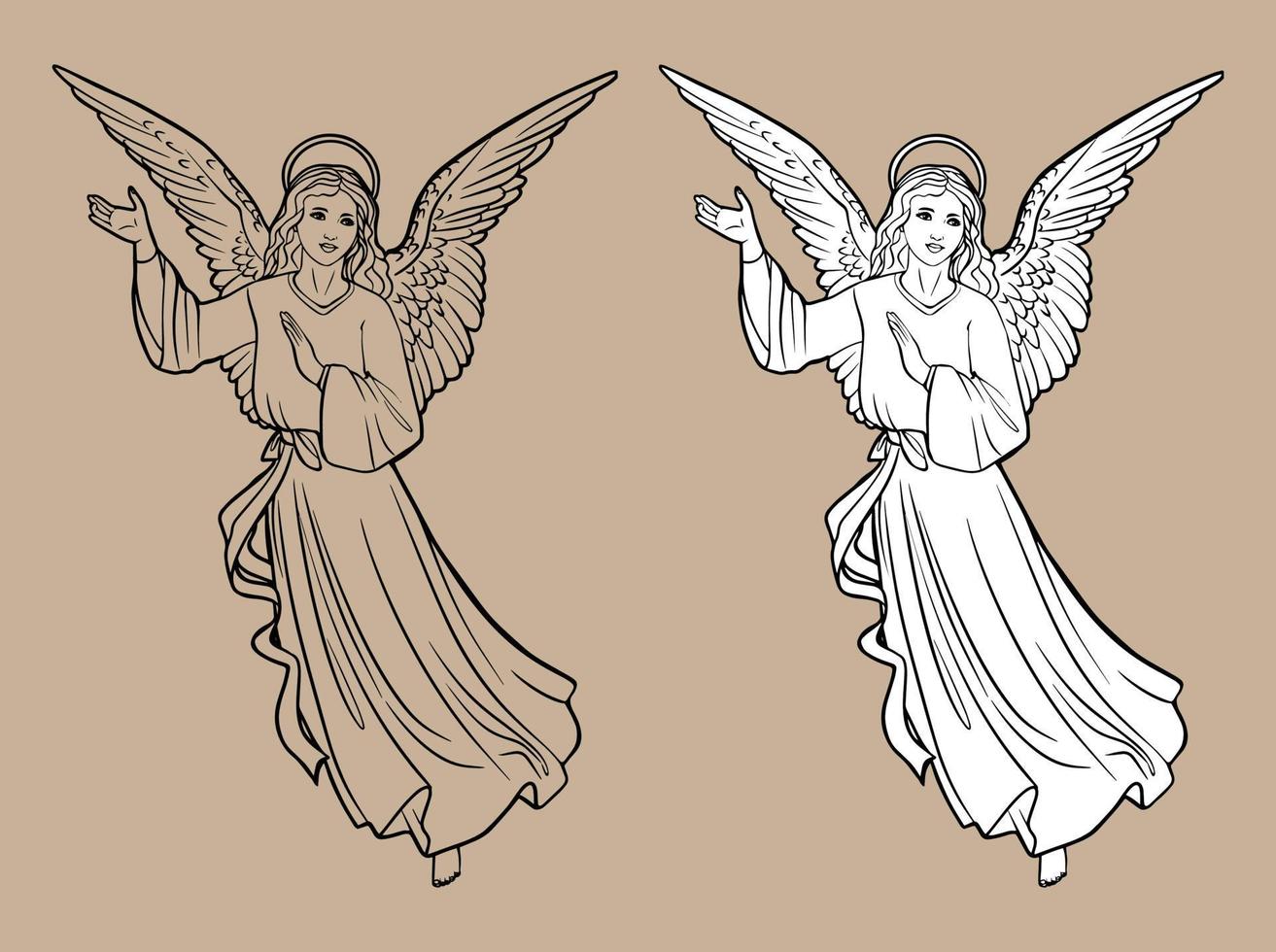 Angel Sketch. Christmas Christian Christmas drawing with black lines isolated on white background and transparent background.  For coloring books and your design. vector