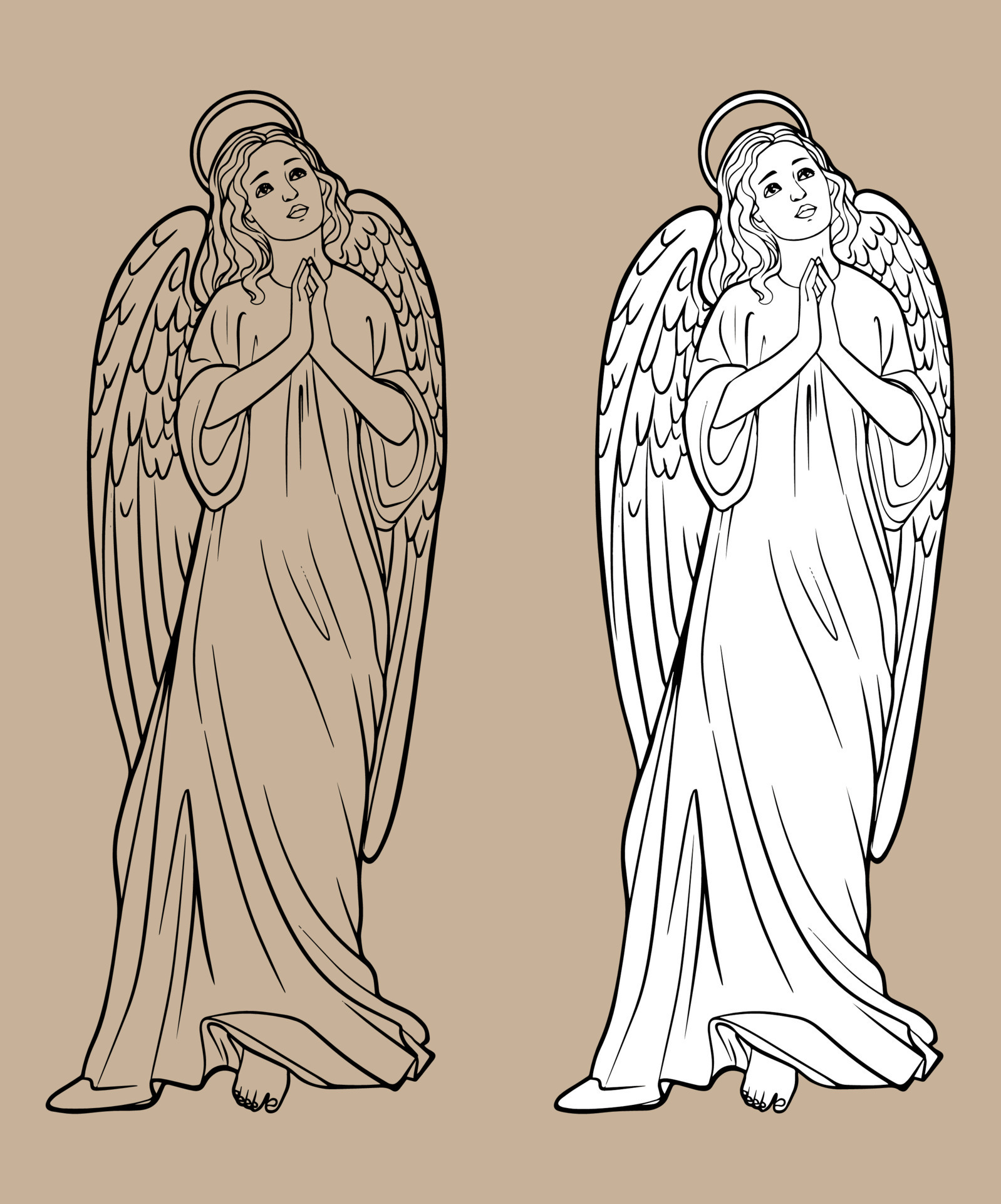 Sketch of a praying angel. Christmas Christian Christmas drawing with black  lines isolated on white background and transparent background. For coloring  books and your design. 13321330 Vector Art at Vecteezy