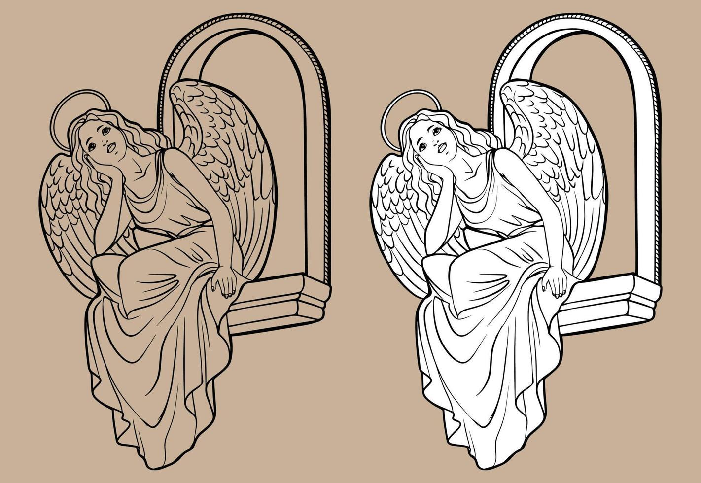 boceto de un ángel en una ventana. dibujo de navidad cristiana de navidad con líneas negras aisladas sobre fondo blanco y fondo transparente. para colorear libros y su diseño. vector