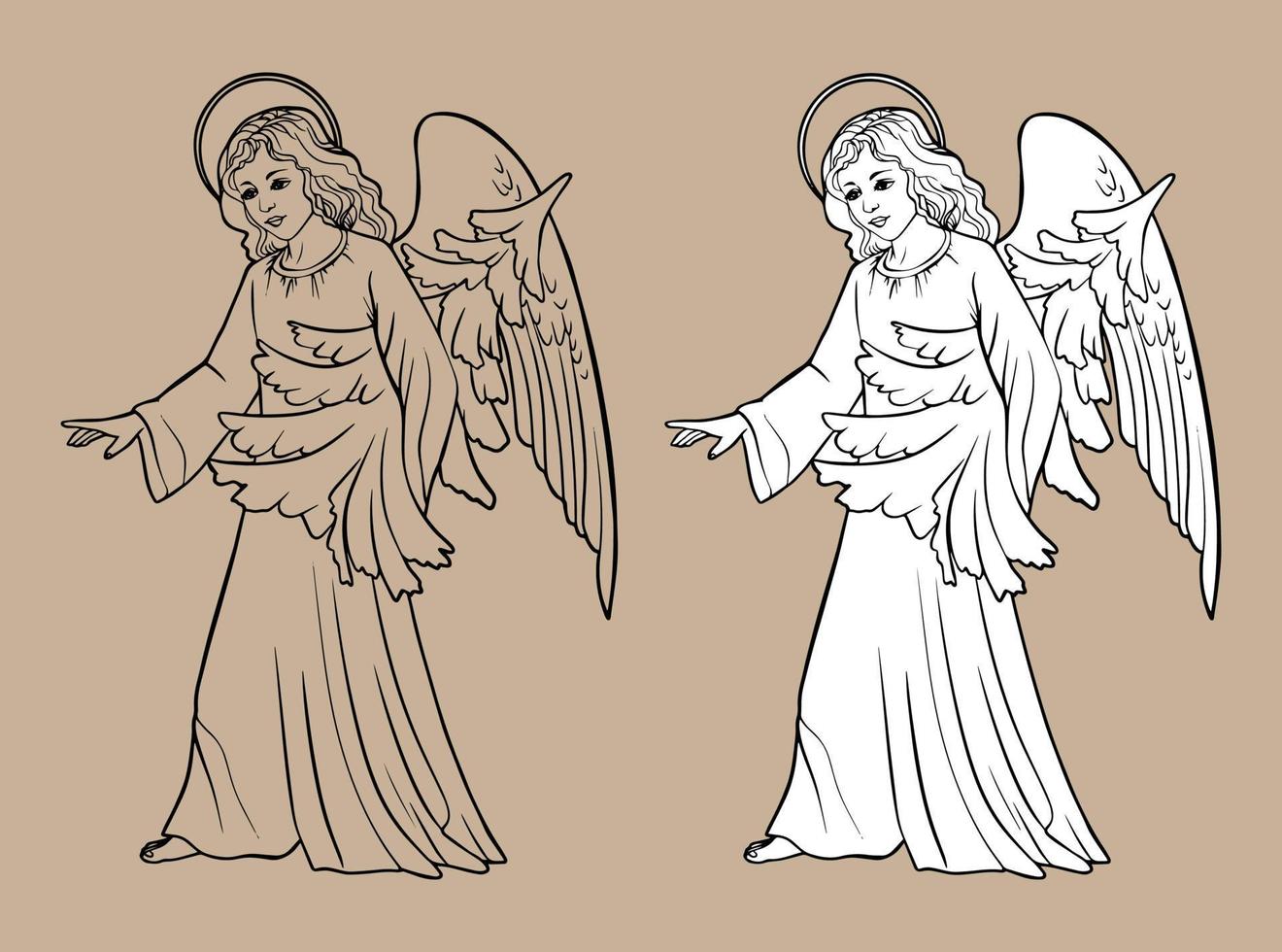 boceto de un ángel rezando. dibujo de navidad cristiana de navidad con líneas negras aisladas sobre fondo blanco y fondo transparente. para colorear libros y su diseño. vector