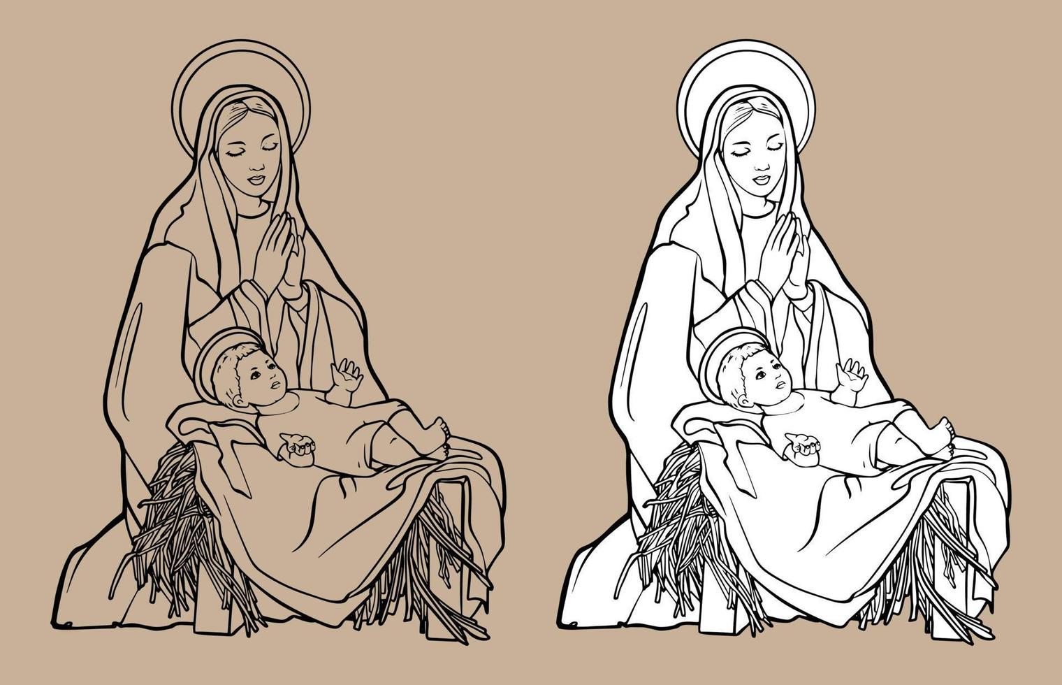 escena de la natividad cristiana de navidad del niño jesús en el pesebre con maría vector ilustración dibujo doodle dibujado a mano con líneas negras aisladas sobre fondo blanco. para colorear libros y su diseño.