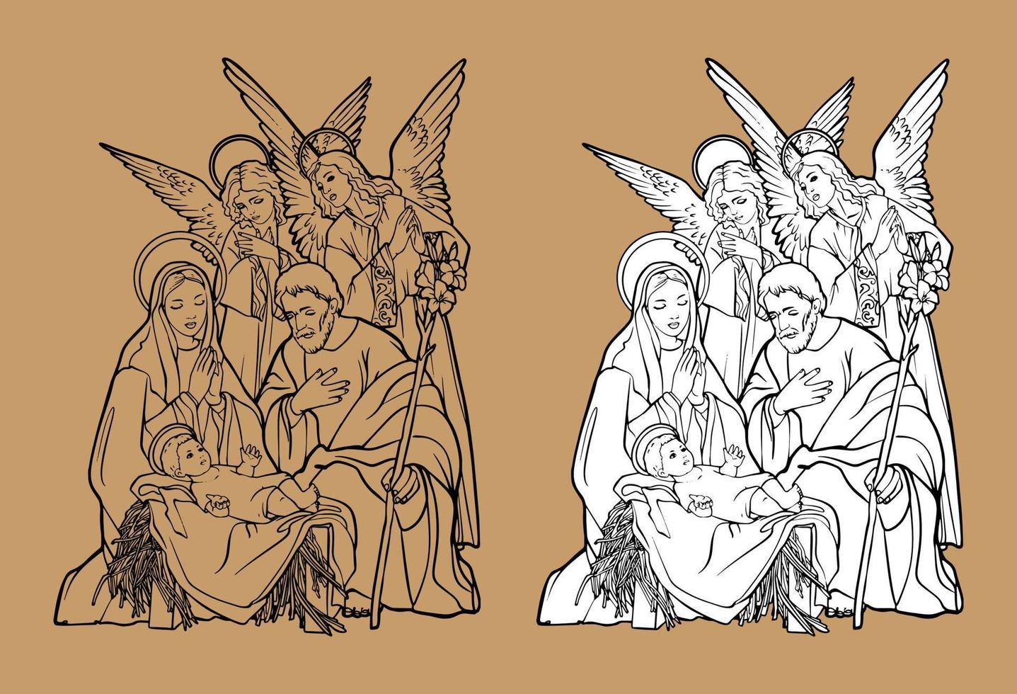 escena de la natividad cristiana de navidad del niño jesús en el pesebre con maría y josé ilustración vectorial boceto dibujado a mano con líneas negras aisladas sobre fondo blanco. para libros de colorear. vector