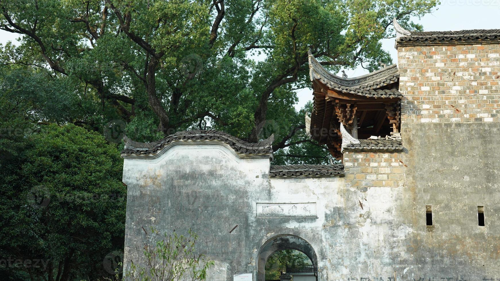 The beautiful traditional Chinese village view with the classical architecture and fresh green trees as background photo
