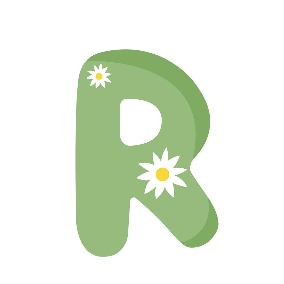 Decorative cartoon green letter R with chamomile flowers design. vector