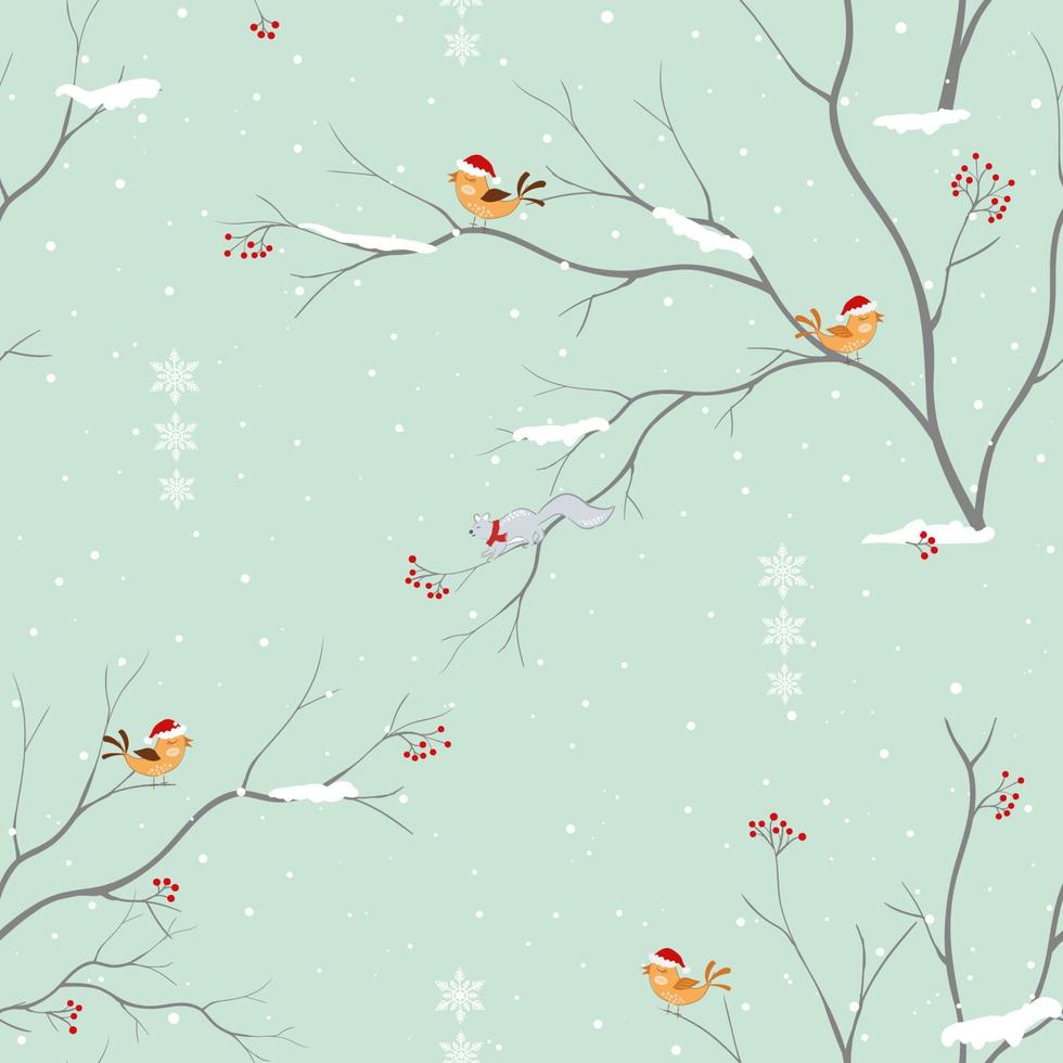 Winter holiday seamless pattern with cute birds happy on soft green background vector