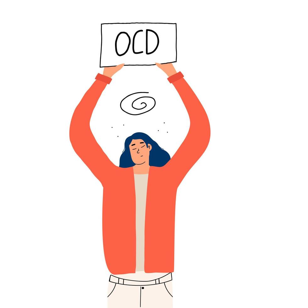 The girl holds in her hands a sign with the words OCD. Concept on obsessive compulsive disorder. Vector hand-drawn illustration.