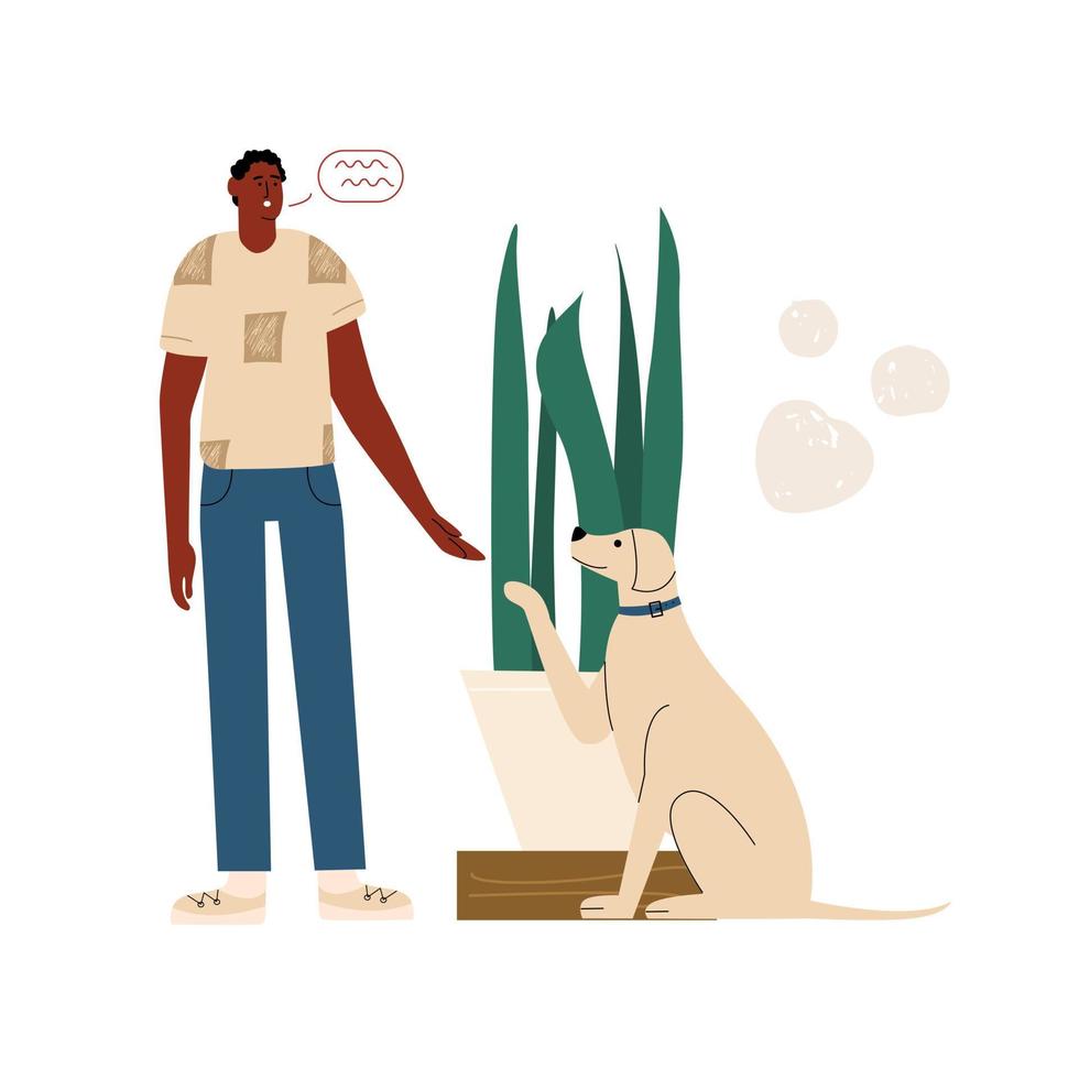 An African American man is training his dog. Friendship between pet and human. Vector illustration in flat style