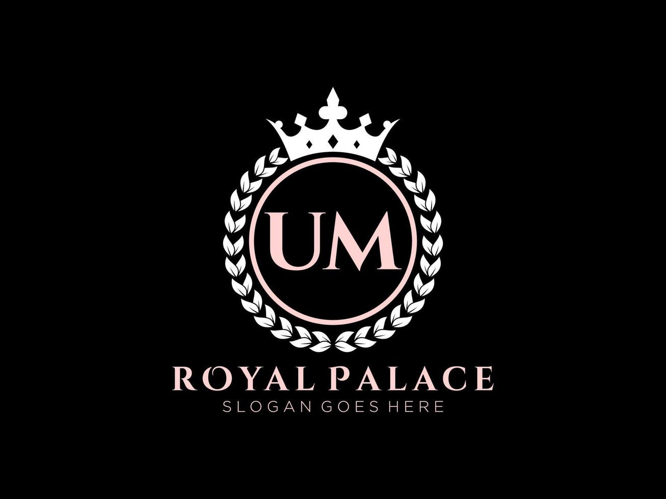Letter UM Antique royal luxury victorian logo with ornamental frame. vector