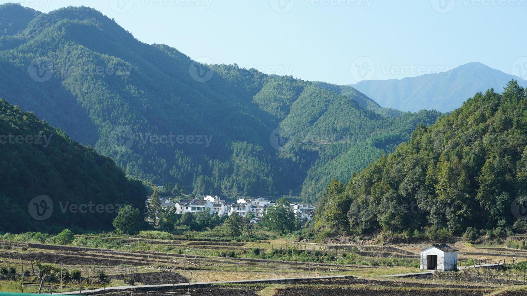 The beautiful mountains landscapes with the green forest and little village as background in the countryside of the China photo